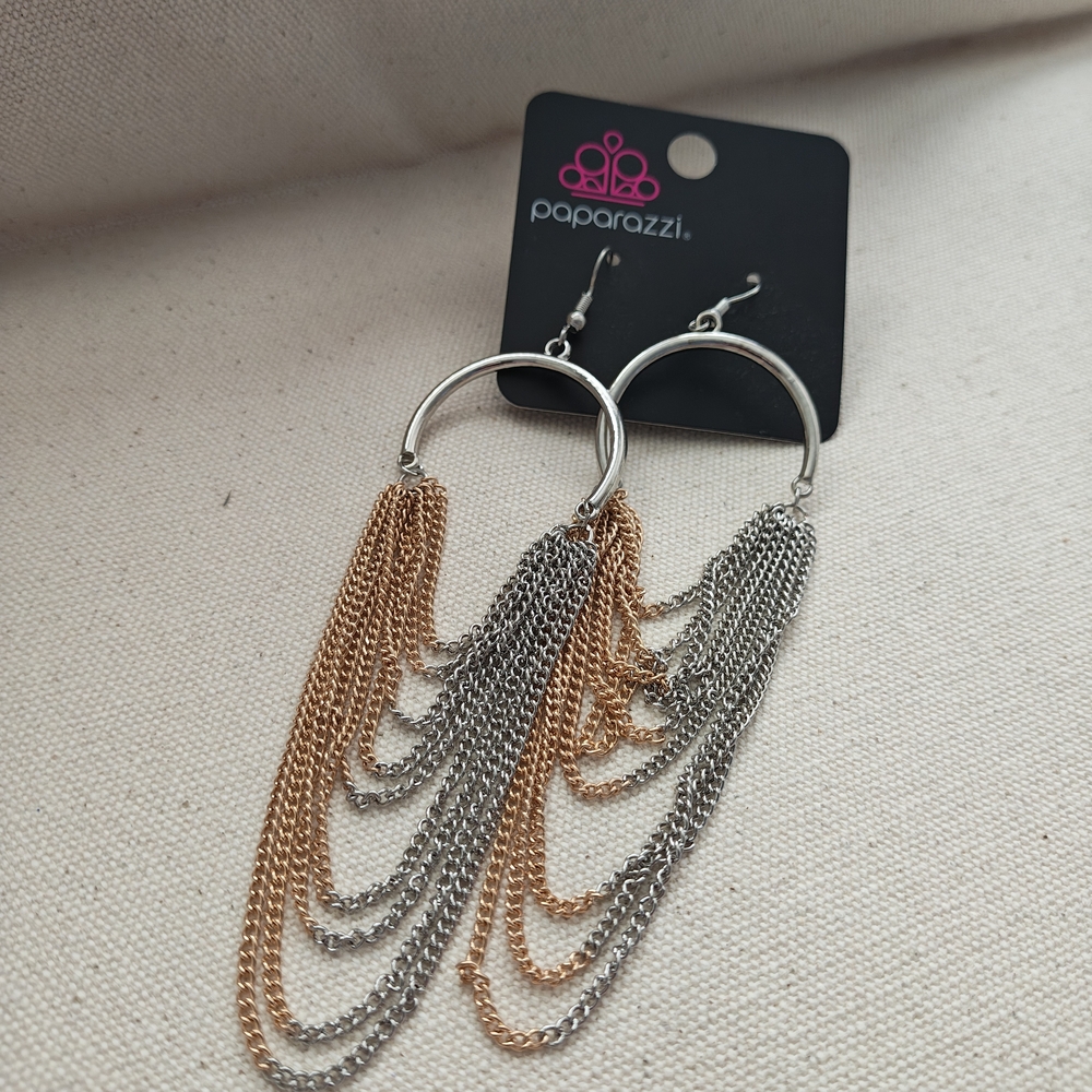 Paparazzi Two-Tone Chain Fringe Hoop Earrings - Silver & Rose Gold